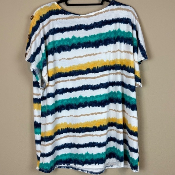 NWT Truself Blue/Yellow/Green/White Striped Short Sleeve Crewneck Pullover Top - Picture 4 of 8